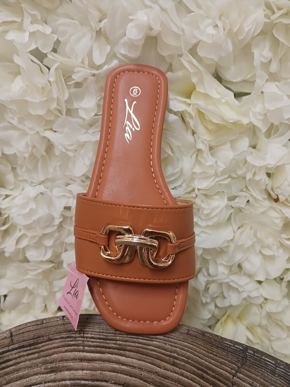 Lia Women's Tan Slip-On Chain Slide Sandal